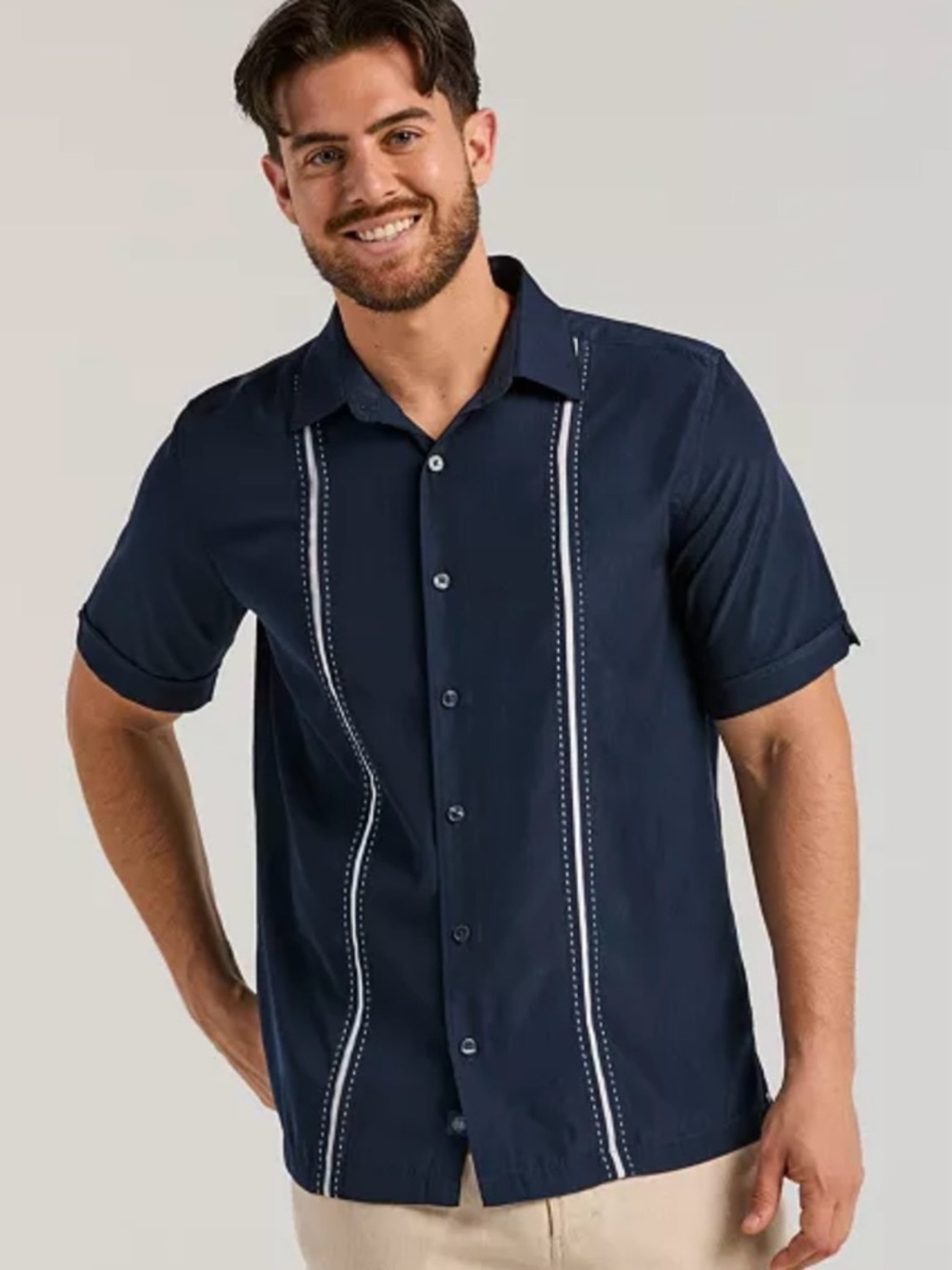 Cubavera Navy Blue Short-Sleeve Button-Down with White Contrast Stitch Panels